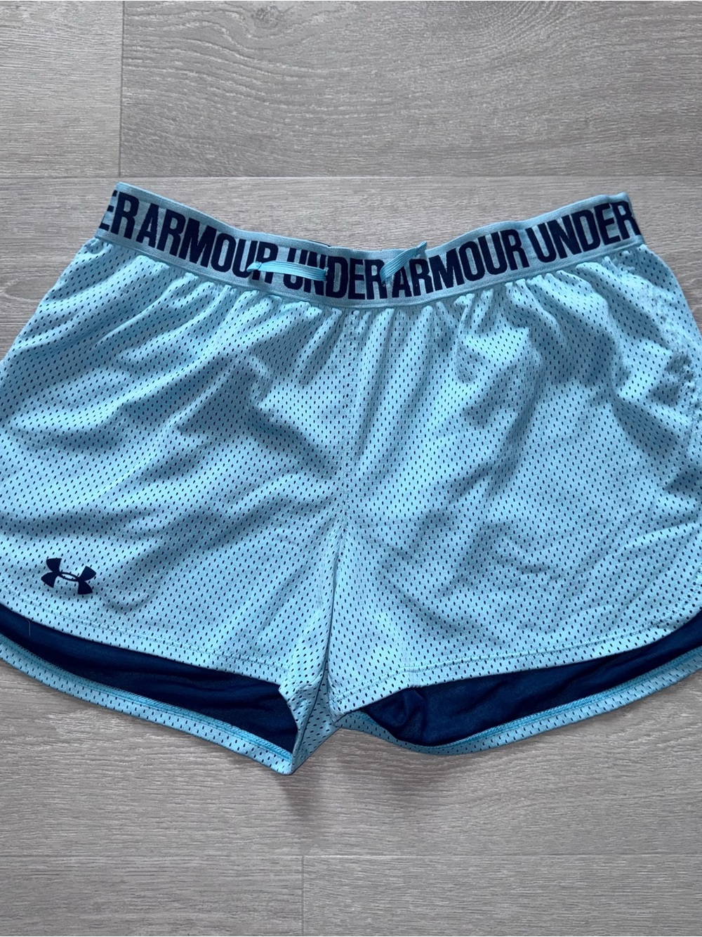 Under Armour Women's Light Blue Mesh Athletic Shorts with Navy Trim